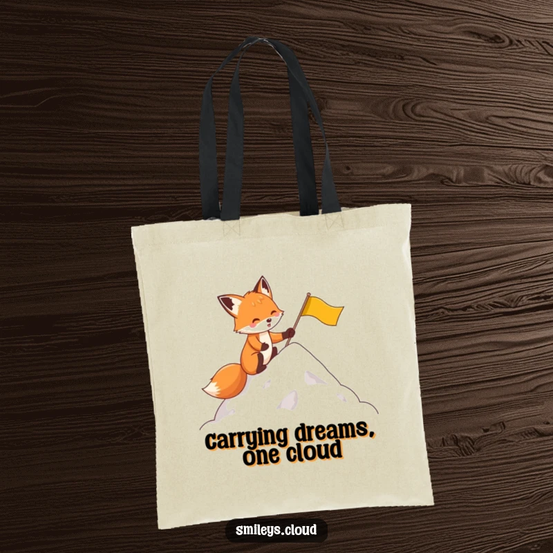 Funny tote bag featuring a determined fox character planting a flag on a cloud, blending humor with practical carrying.