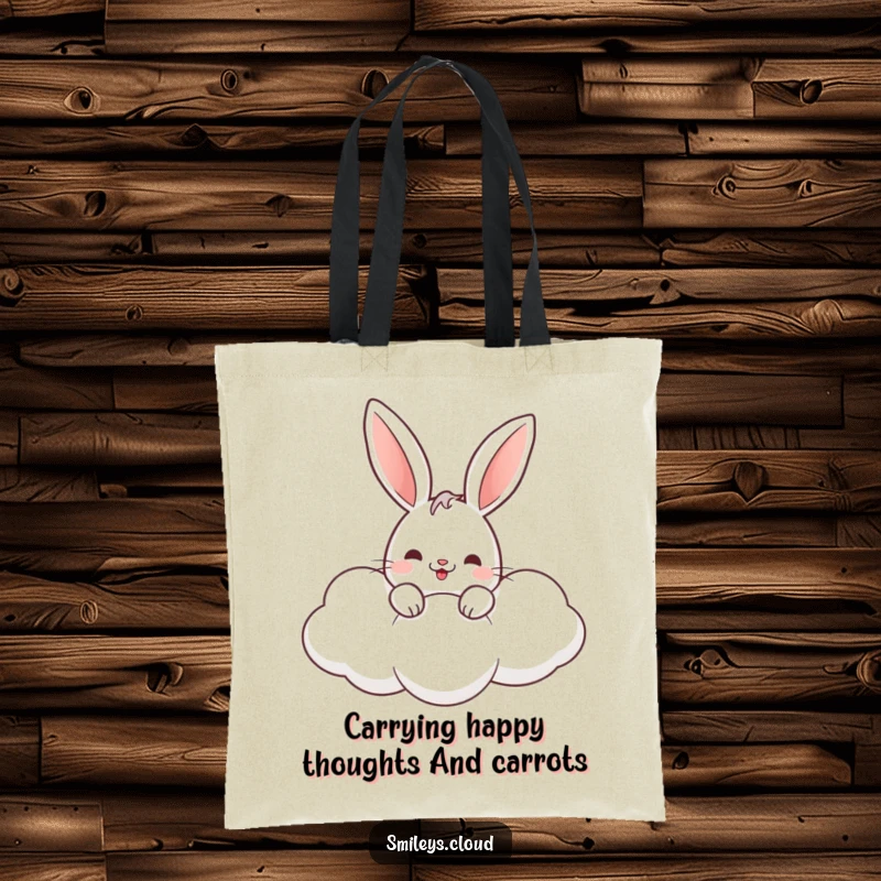 Funny rabbit tote bag with a happy bunny peeking from a fluffy cloud, perfect for carrying everyday essentials whimsically.