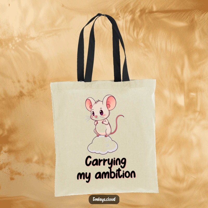 Funny tote bag with a brave mouse balancing determinedly on a cloud, perfect for carrying items with a message of courage.