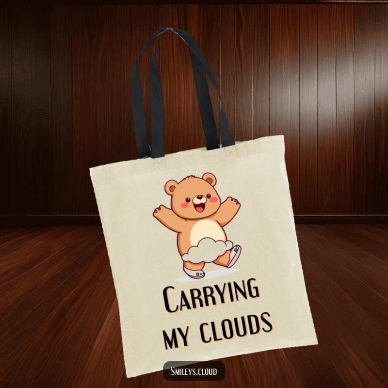 Funny tote bag with a proud bear wearing cloud shoes and walking on air, perfect for carrying items with a joyful message.