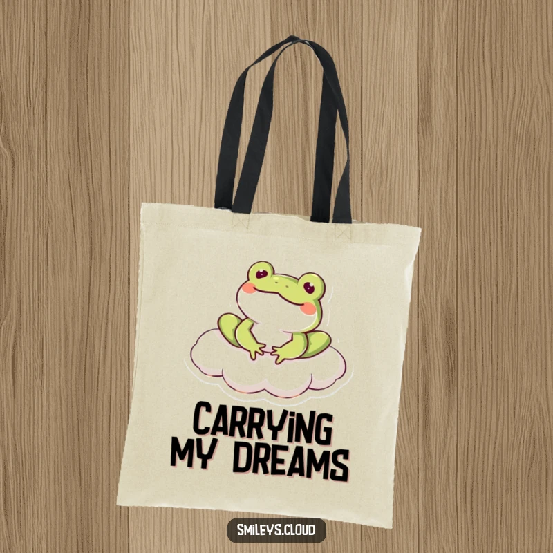 Funny frog character lounging on a cloud with a happy smile, perfect for errands on this humorous tote bag.