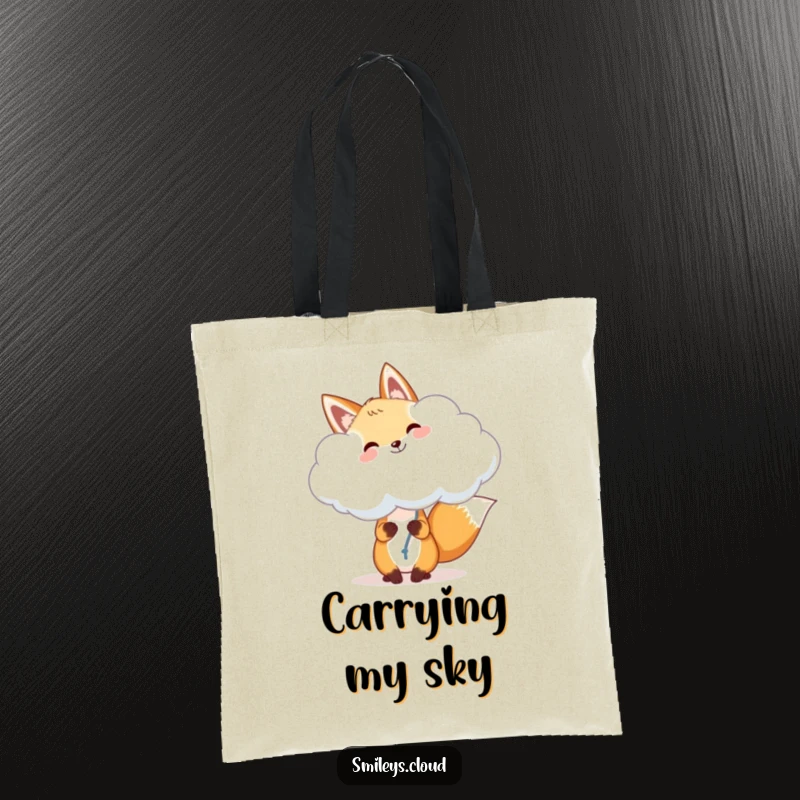 Funny fox tote bag, a cheerful fox holding a fluffy cloud like a balloon, perfect for carrying essentials with whimsical joy.