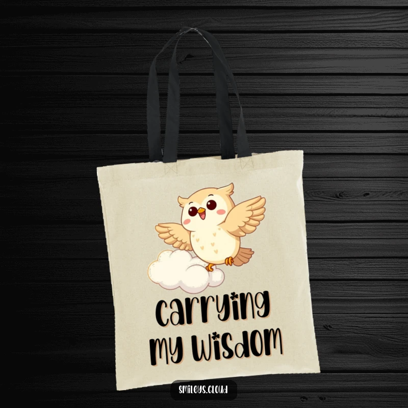 Funny Owl Tote Bag: A joyous owl soars gracefully beside a fluffy cloud, showcasing a vibrant and happy design for carrying your goods.