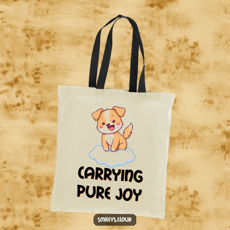 Funny cheerful dog with a wagging tail sitting on a cloud, adorning this functional and funny tote bag.