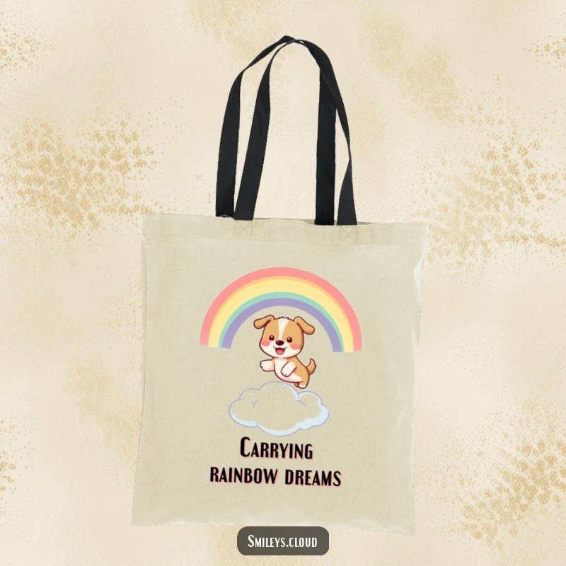 Funny tote bag design with a playful dog jumping through a rainbow arching over a cloud, perfect for carrying funny items.