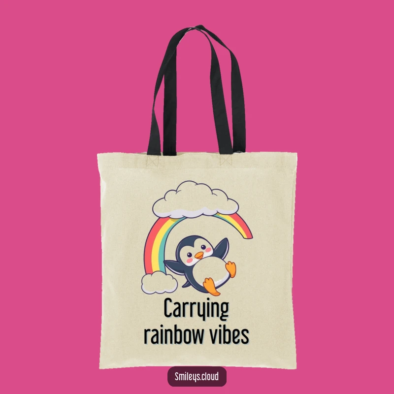 Funny Penguin Tote Bag: Playful Rainbow Slide - Carry Your Fun Everywhere!
