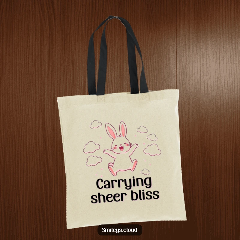 Funny tote bag featuring a happy rabbit leaping between scattered clouds with pure joy, perfect for carrying essentials with a cheerful vibe.