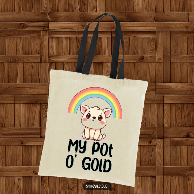 Funny tote bag with a wide-eyed animal staring at an overhead rainbow, symbolizing fun and unexpected joy.