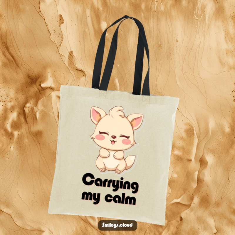 Funny tote bag with a happy animal, eyes closed, embracing a gentle breeze, symbolizing peace and lighthearted contentment.