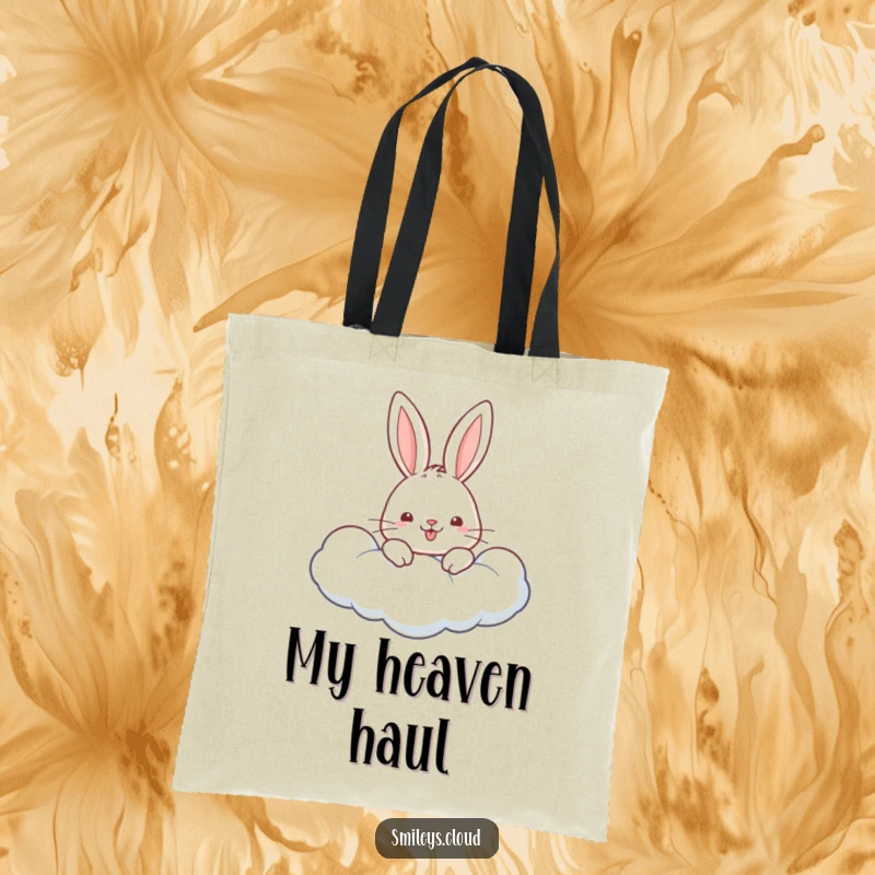 Funny tote bag with a cute rabbit peeking curiously from a fluffy cloud, bringing a sense of wonder.