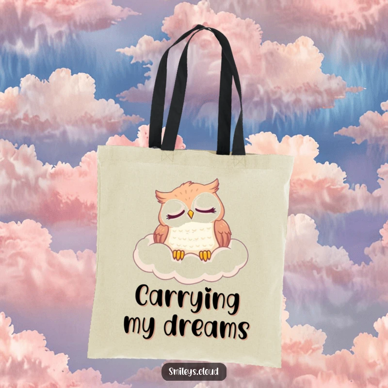 Funny tote bag with a content owl napping on a fluffy cloud, great for carrying books and daily items.