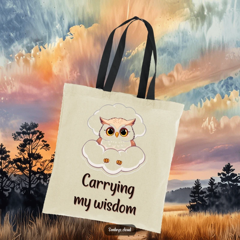 Funny tote bag with a curious owl peering down from a fluffy cloud, perfect for carrying treasures and thoughts.