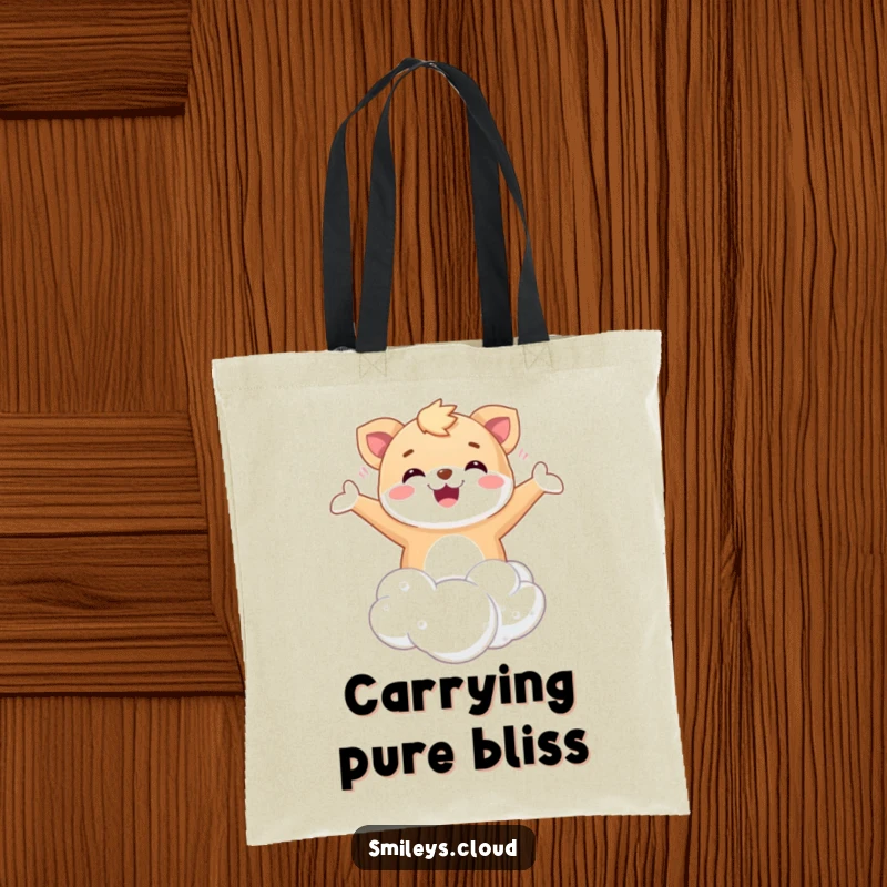 Funny Floating Animal Tote Bag: A happy animal joyfully floating on a cloud with arms spread wide in delight.
