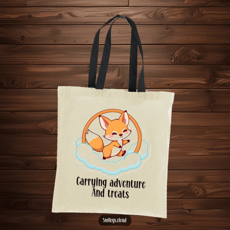Funny fox tote bag showing a lively fox jumping through a cloud hoop, ideal for carrying everyday items.