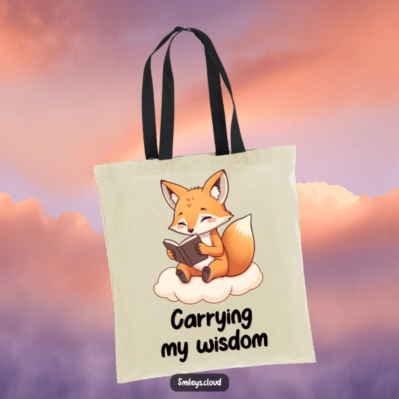 Funny Fox Tote Bag: A determined fox reads on a cloud on this tote, a humorous and practical bag for bookworms.