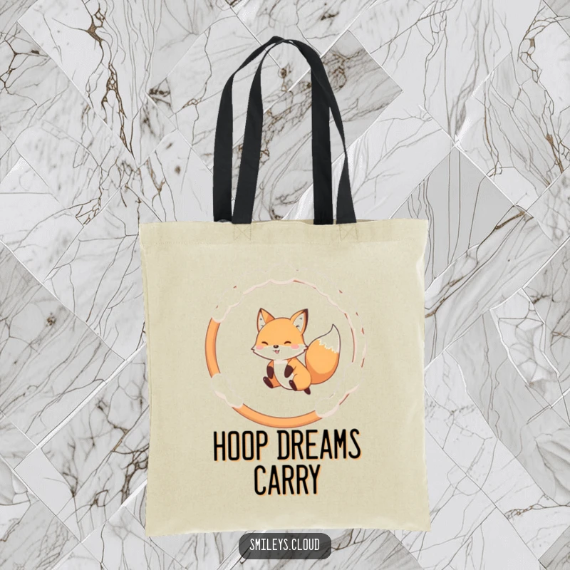 Funny tote bag illustration of a happy fox jumping through a fluffy cloud hoop, ideal for shopping or errands.
