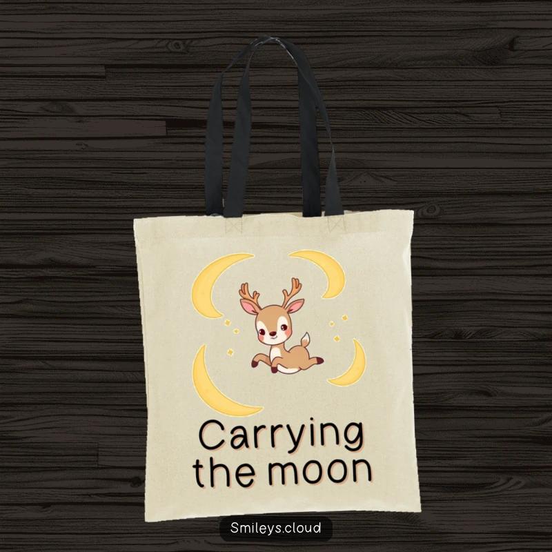 Funny tote bag with a joyful deer gracefully leaping between crescent moons, perfect for carrying treasures and dreams.