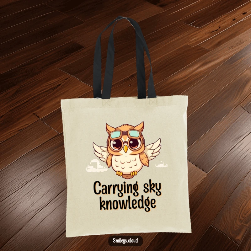 Funny tote bag design with a cute owl wearing aviator goggles, soaring through fluffy clouds, perfect for carrying funny items.