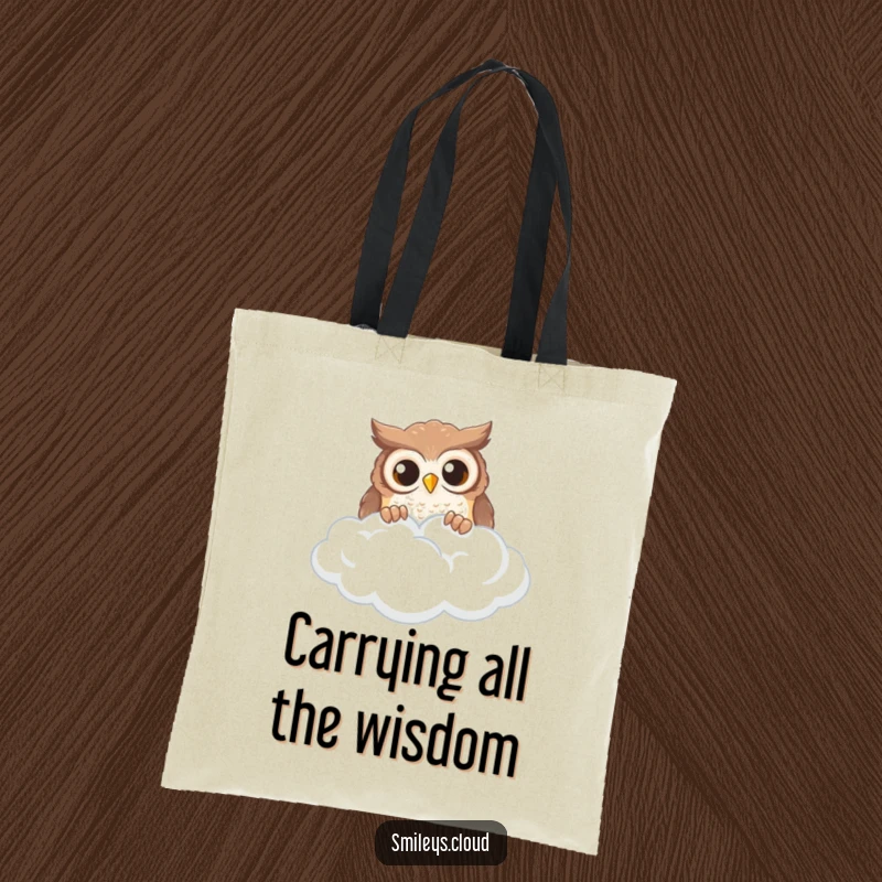 Funny curious owl peeking over a wispy cloud, on a durable tote bag.