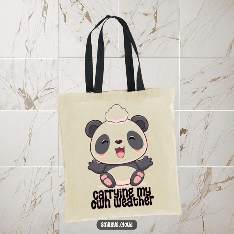 Funny tote bag with a happy panda balancing a fluffy cloud on its head, ideal for carrying daily items with style.
