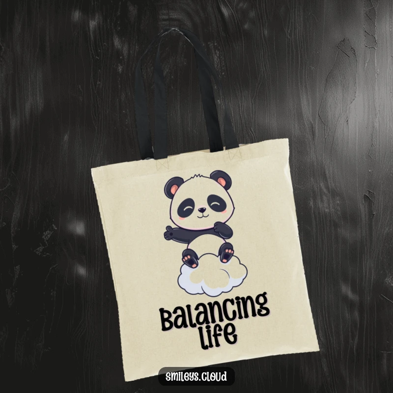 Funny tote bag illustration of a focused panda balancing steadily on a cloud, ideal for carrying books or work.