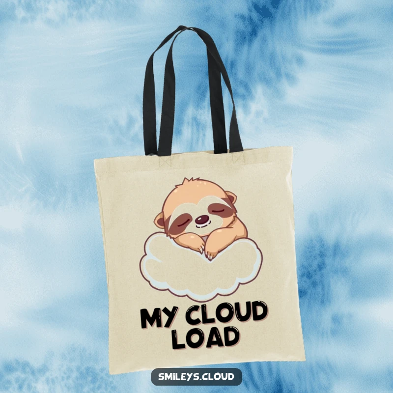 Funny silly sloth tote bag showing a napping sloth on a cloud, a humorous accessory for carrying daily items with a relaxed vibe.