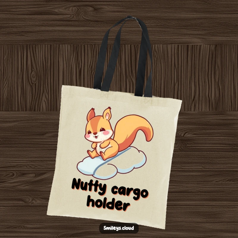 Funny squirrel tote bag showing a silly squirrel sliding down a cloud, a humorous and practical accessory.