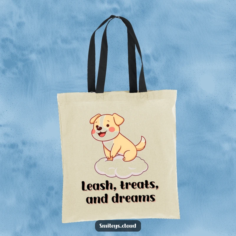 Funny happy dog wagging its tail, balancing on a cloud, on a durable tote bag.