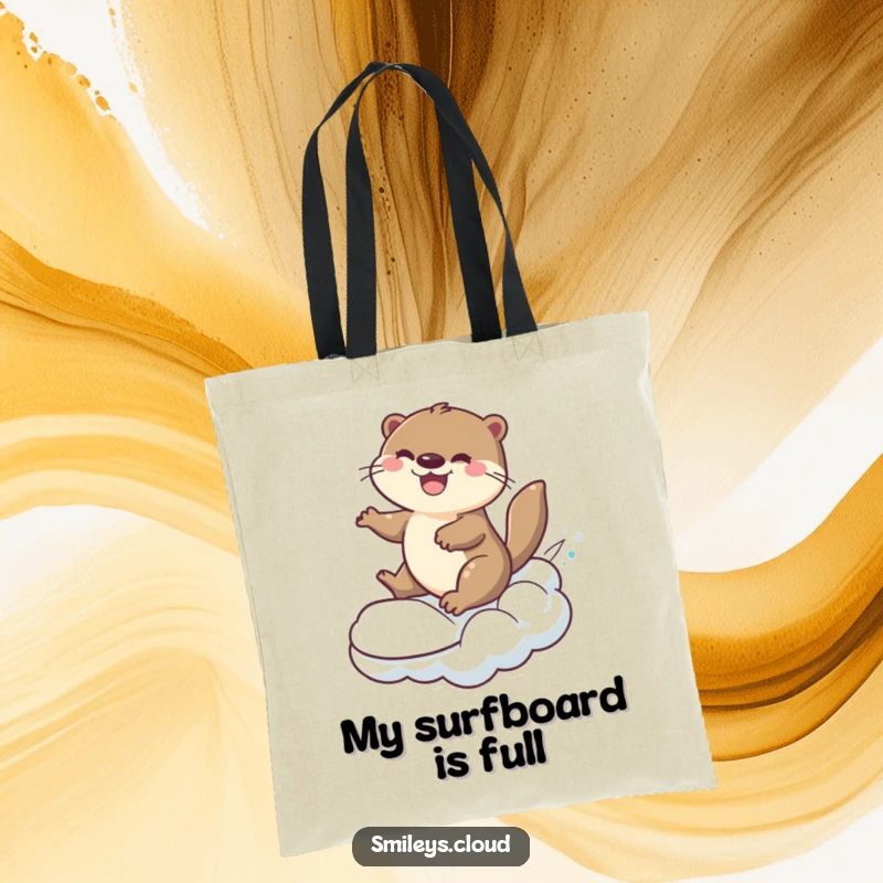 Funny cheerful otter playfully surfing on a rolling cloud, on a durable tote bag.